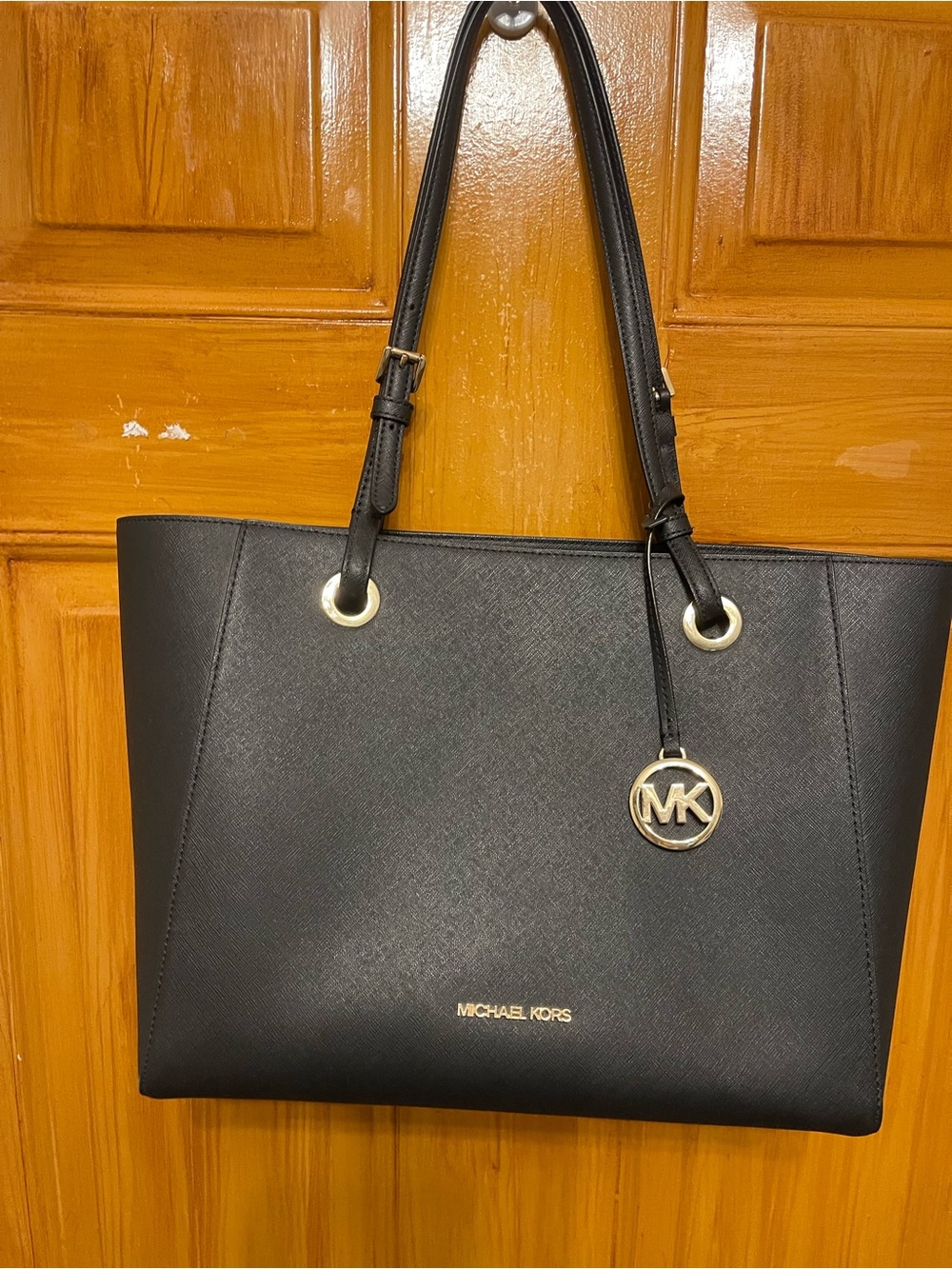 Michael Kors Black Leather Tote with Gold Hardware